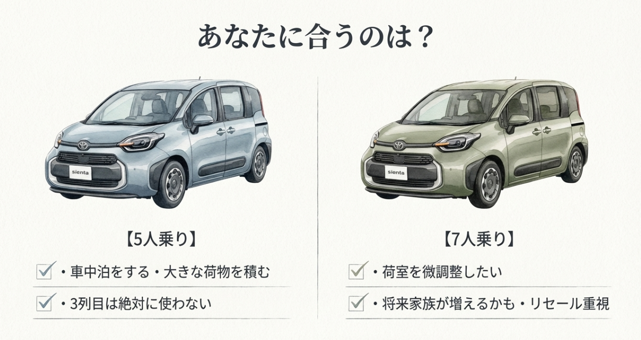 シエンタ5人乗りと7人乗りのどちらが向いているかを用途別に比較した最終判断用スライド。