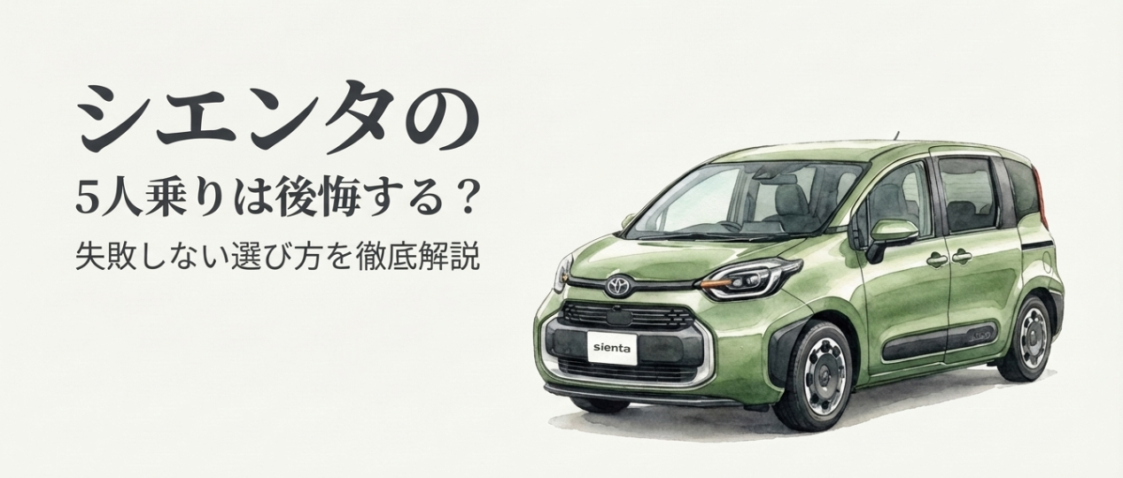 シエンタの5人乗りは後悔するのかを解説する表紙スライド。失敗しない選び方をテーマにしたグリーンのシエンタのイラスト付き。