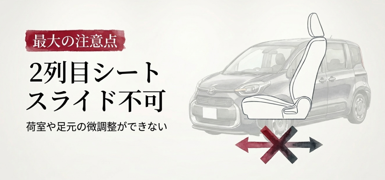 シエンタ5人乗りの最大の注意点として、2列目シートがスライドできず荷室や足元の微調整ができないことを示したスライド。