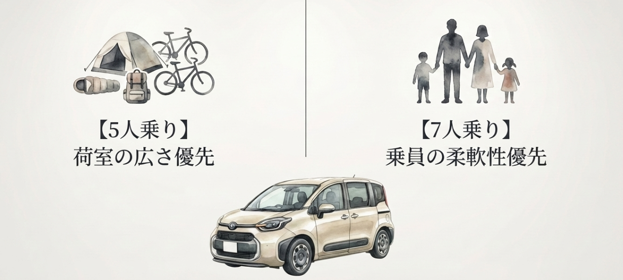 シエンタ5人乗りは荷室の広さ優先、7人乗りは乗員の柔軟性優先と比較した概要スライド。キャンプ道具と家族のイラストで違いを示している。