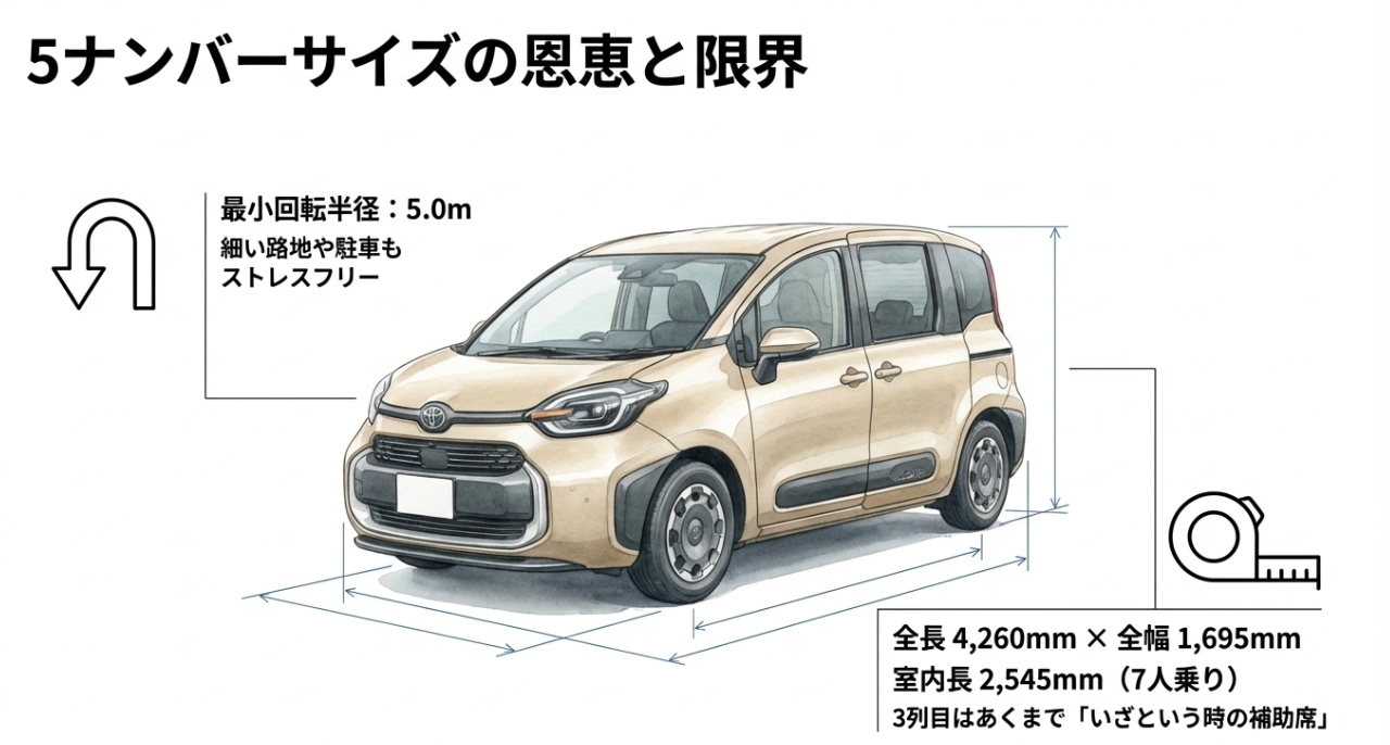 シエンタの5ナンバーサイズの恩恵と限界を示すスライド。最小回転半径5.0mの小回りと、全長4260mm・全幅1695mmの車体に3列目を収めた設計上の制約を図解している