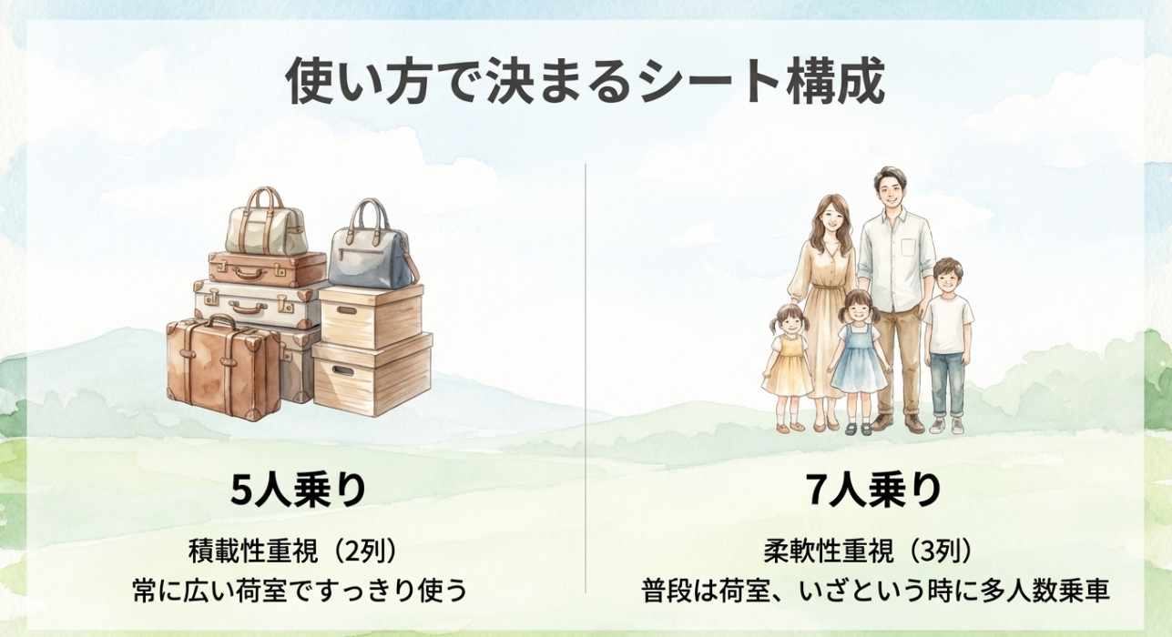 シエンタの5人乗りと7人乗りの違いを比較するスライド。5人乗りは荷室重視、7人乗りは多人数乗車にも対応できる柔軟性重視であることを示す