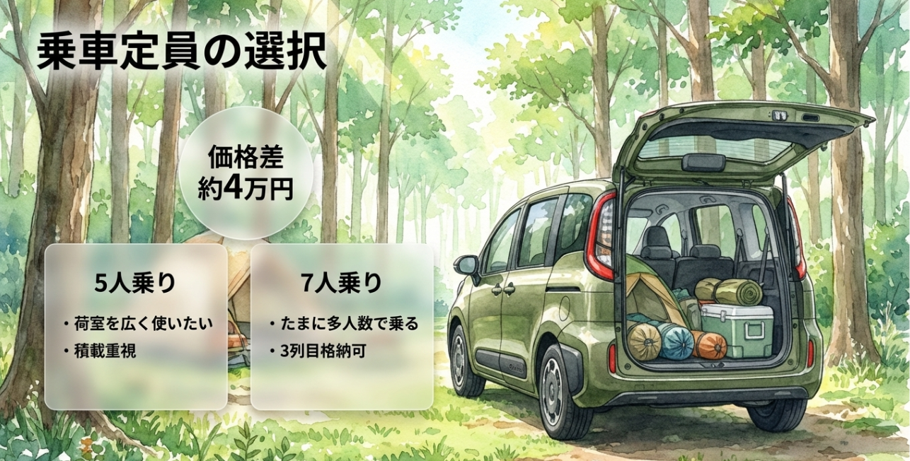 シエンタの5人乗りと7人乗りの選び方を比較した図。荷室重視の5人乗りと多人数乗車に対応する7人乗り、価格差約4万円を紹介