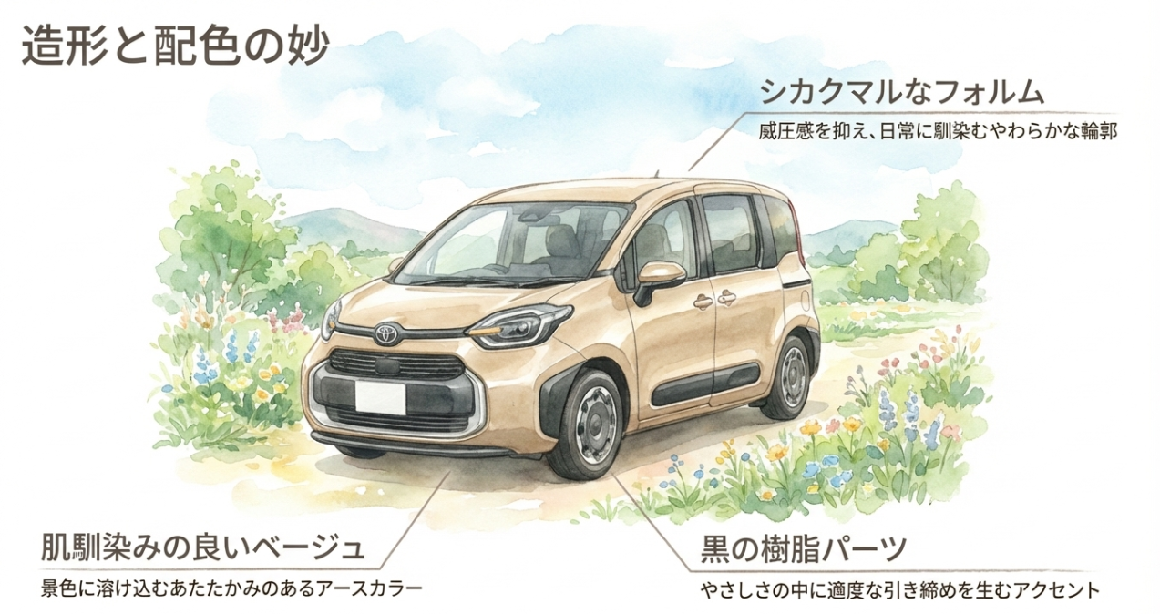 ベージュのシエンタの外観と、シカクマルなフォルム、肌馴染みの良いベージュ、黒の樹脂パーツの特徴を示したスライド