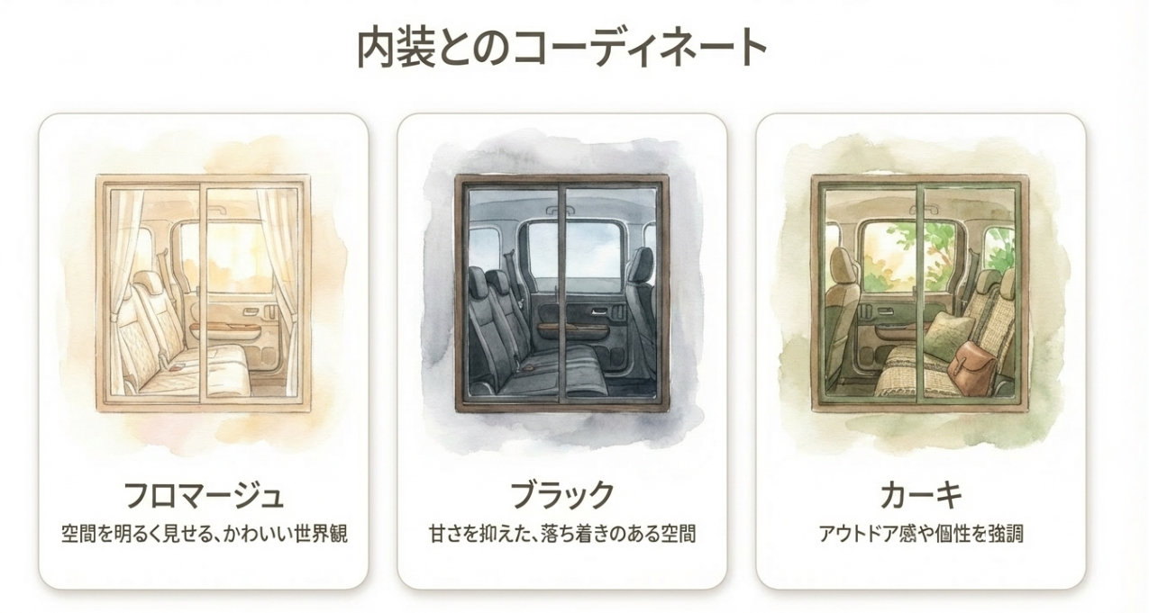 シエンタの内装色フロマージュ、ブラック、カーキの雰囲気の違いを比較したスライド