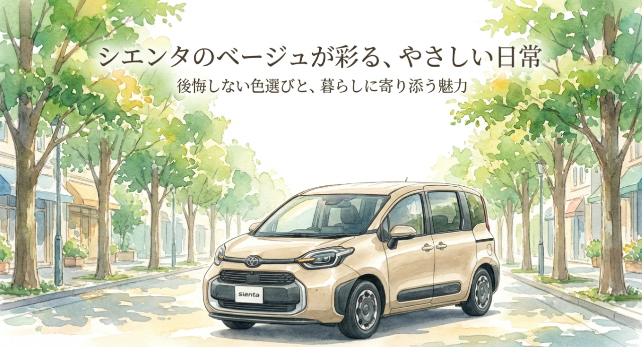 ベージュのトヨタ シエンタをやさしい街並みの中で描いたイメージ。シエンタのベージュの魅力を紹介するメインビジュアル