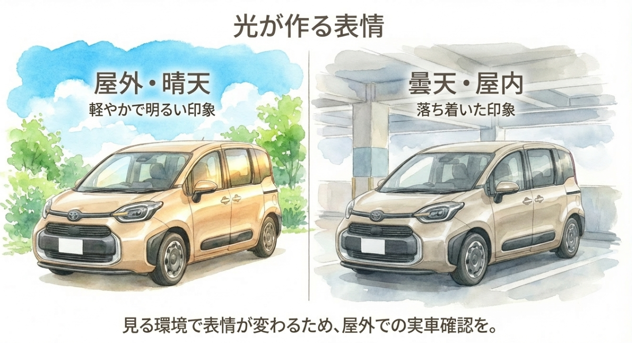 晴天の屋外と曇天や屋内で見たベージュのシエンタの印象の違いを比較したスライド