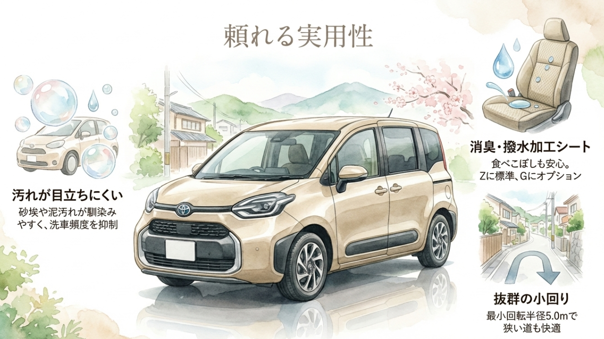 ベージュのシエンタの実用性として、汚れの目立ちにくさ、消臭撥水シート、小回り性能を紹介したスライド