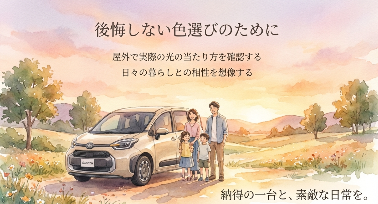 ベージュのシエンタと家族のイメージを背景に、後悔しない色選びと暮らしへのなじみやすさを伝えるまとめスライド