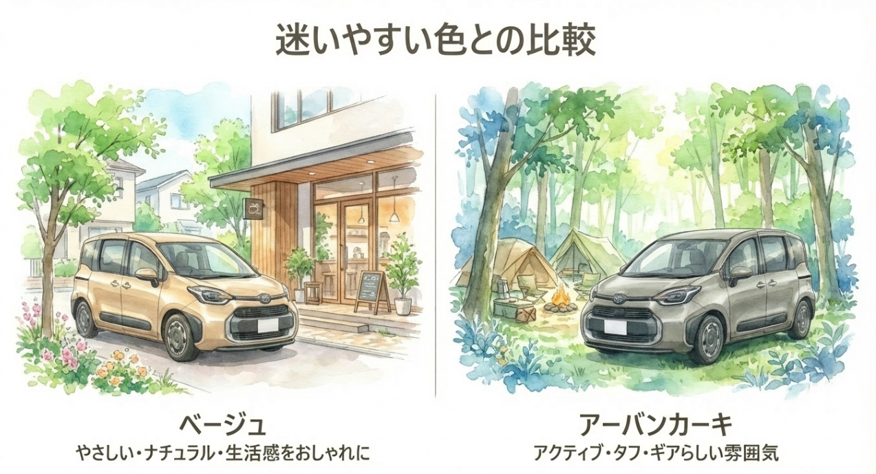 ベージュのシエンタとアーバンカーキのシエンタを並べ、印象の違いを比較したスライド