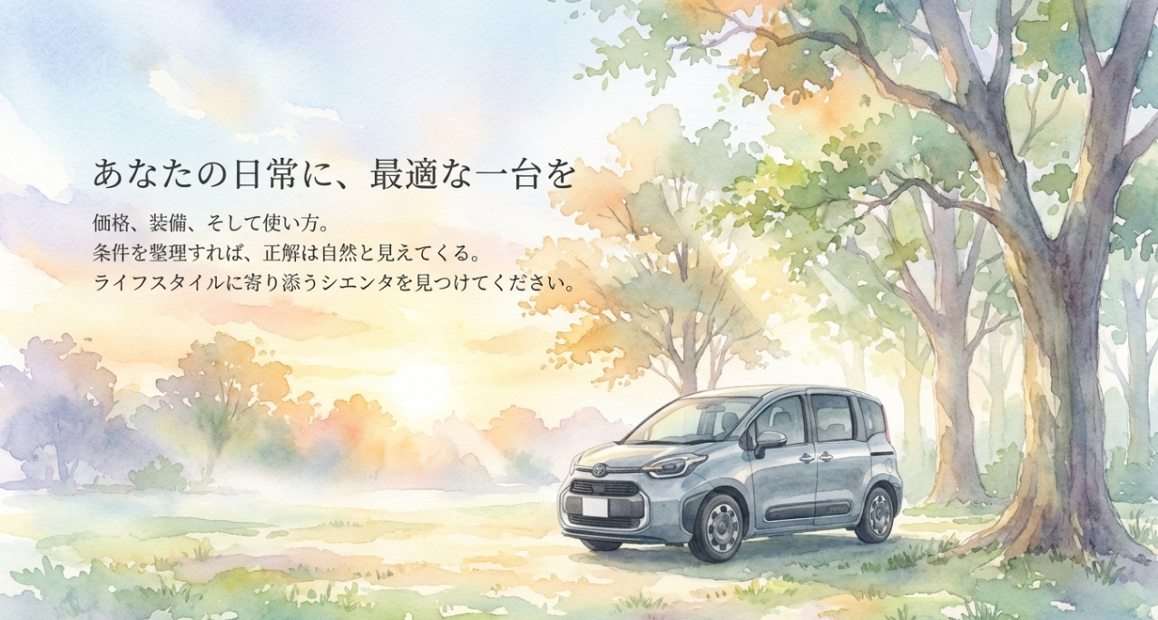 ライフスタイルに合ったシエンタ選びを提案するまとめスライド。価格・装備・使い方を整理して自分に最適な1台を選ぶことを訴求している