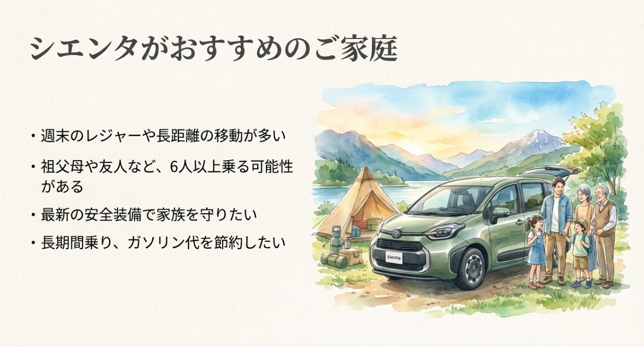 シエンタがおすすめの家庭像をまとめたスライド。遠出や多人数乗車、安全性能、燃費重視の家庭に向く内容