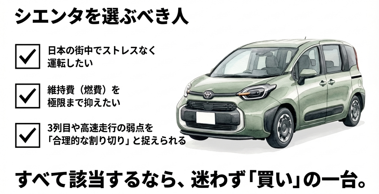 シエンタを選ぶべき人の特徴をまとめた締めのスライド。日本の街中で運転しやすいこと、維持費を抑えたいこと、3列目や高速走行の弱点を合理的な割り切りとして受け入れられる人に向くと示している
