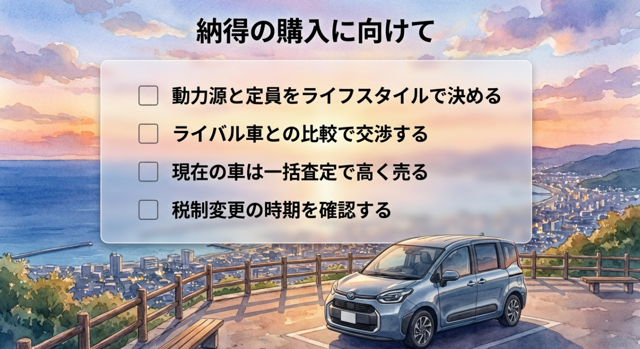 シエンタ購入で後悔しないための最終チェックリスト。動力源と定員の選択、ライバル車比較、愛車売却、税制変更確認の4項目を整理