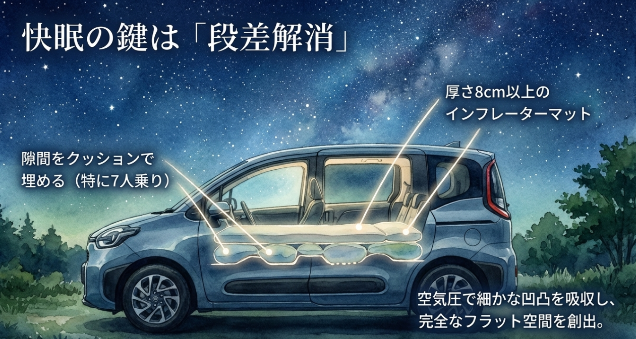 シエンタ車中泊で快眠するための段差解消を解説するスライド。車内にマットを敷いた断面イメージと、厚さ8cm以上のインフレーターマットやクッションで隙間を埋める方法が示されている
