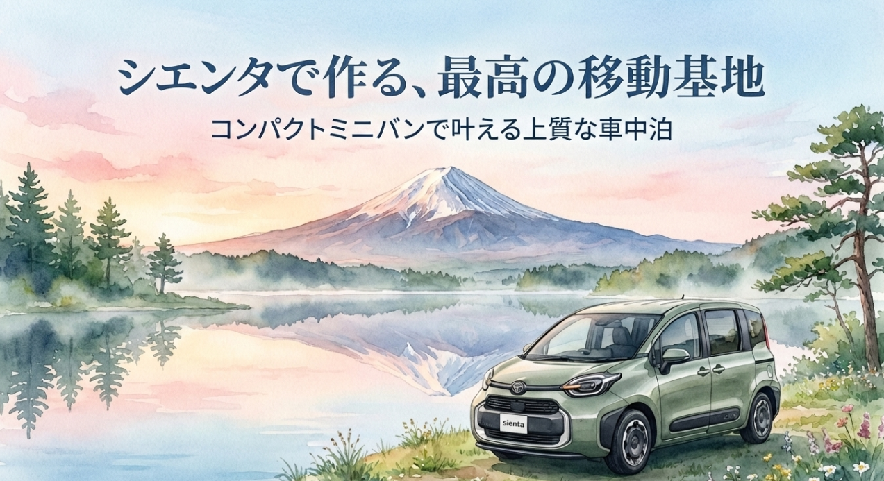シエンタで作る最高の移動基地をテーマにした表紙スライド。富士山と湖を背景にシエンタが描かれ、コンパクトミニバンで快適な車中泊を表現している