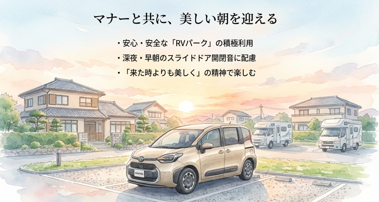 シエンタでの車中泊マナーを伝えるスライド。住宅地近くのRVパークに停車したシエンタが描かれ、安全なRVパーク利用、スライドドア音への配慮、美化意識の大切さが示されている