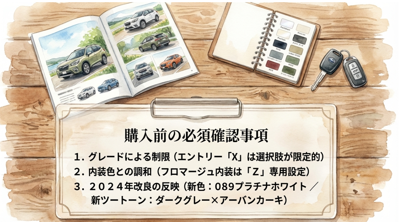 新型シエンタ購入前の必須確認事項をまとめたスライド。グレードによる色の制限、内装色との組み合わせ、2024年改良による新色やツートーン追加の確認ポイントを示している