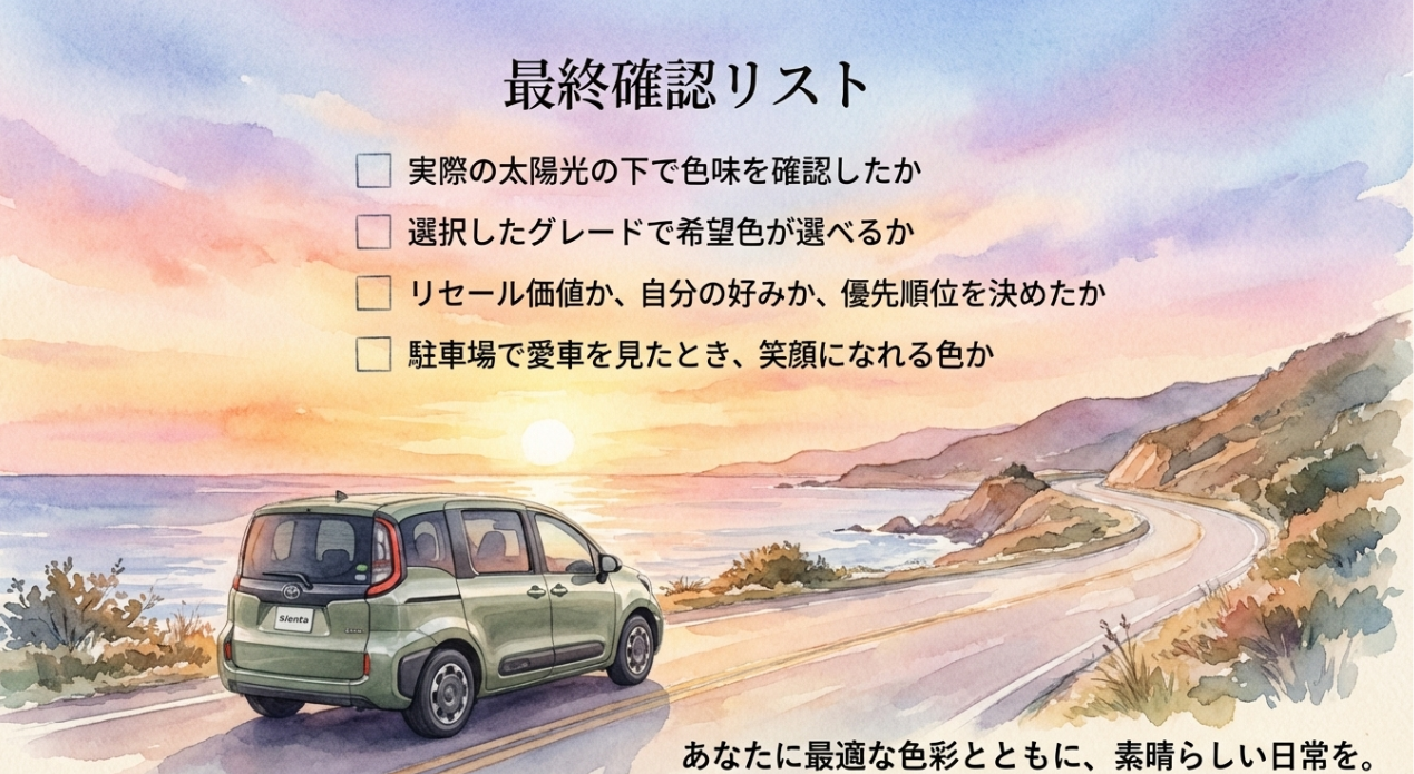 新型シエンタの色選びで後悔しないための最終確認リストを示すスライド。太陽光での見え方、グレードで選べる色、リセールか好みかの優先順位などを確認項目として掲載している