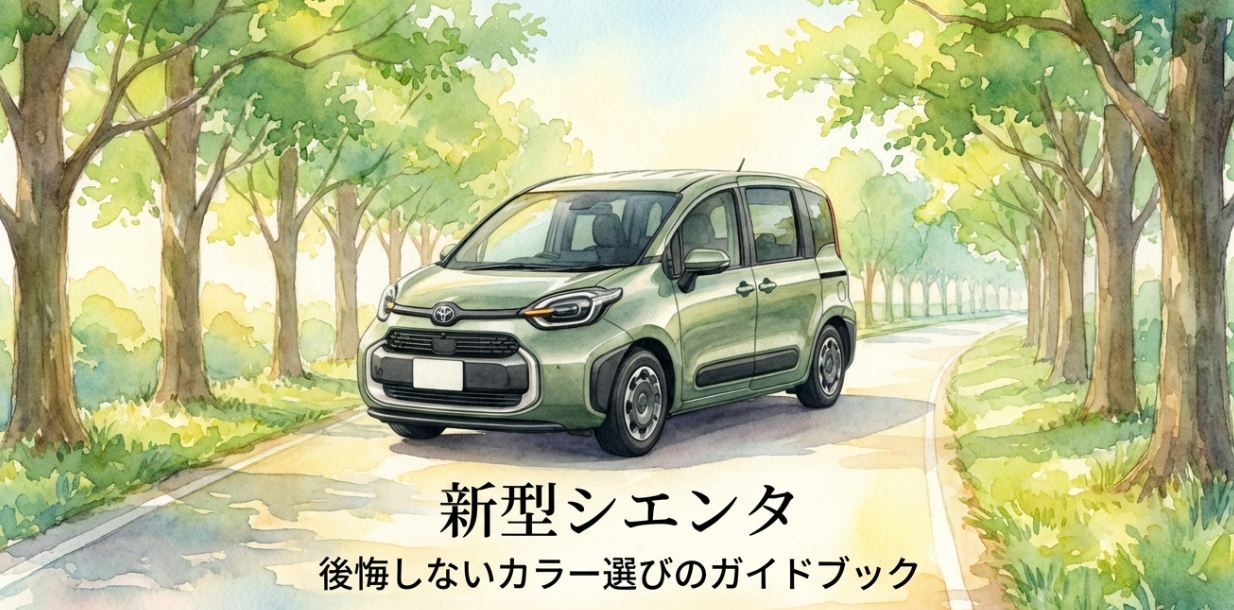 新型シエンタの人気色と後悔しないカラー選びを紹介する表紙スライド。木漏れ日の道路にアーバンカーキのシエンタが描かれている