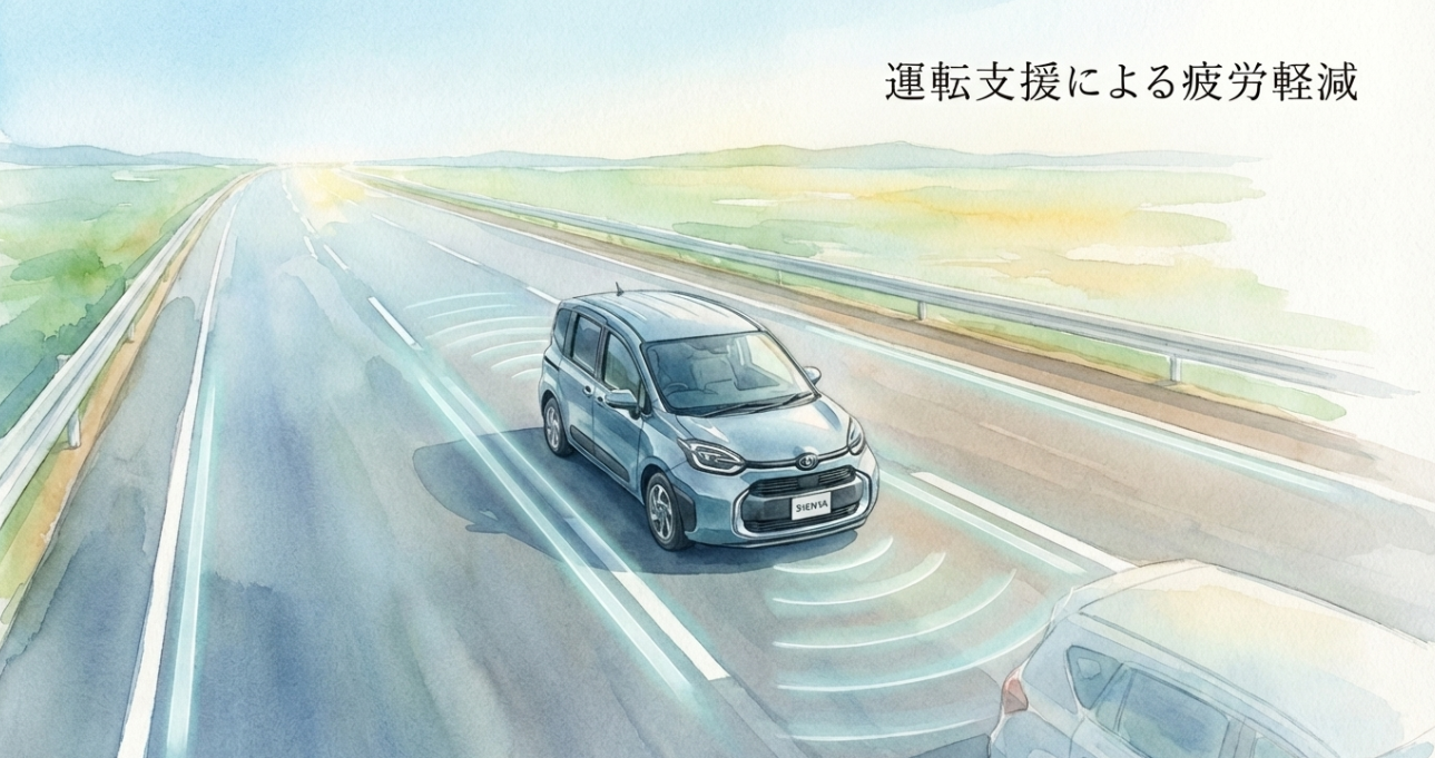 シエンタの運転支援機能で高速道路の疲労軽減をイメージした図