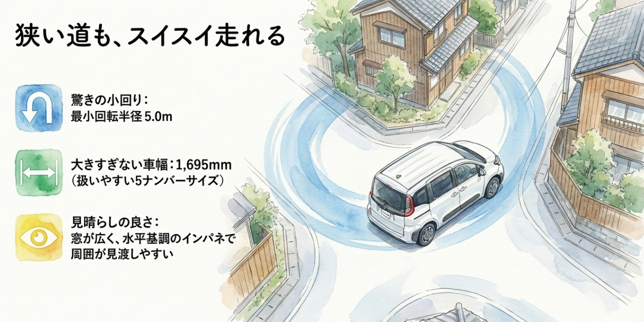 住宅街の狭い交差点をシエンタが小回りよく曲がるイメージ。最小回転半径5.0m、全幅1695mm、見晴らしの良さによる運転しやすさを示すスライド
