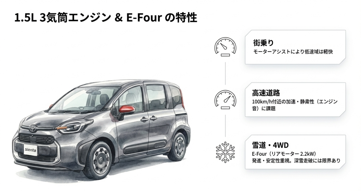 シエンタの1.5L 3気筒エンジンとE-Fourの特性を説明するスライド。街乗りでは軽快、高速では加速と静粛性に課題、雪道では安定性重視だが深雪走破には限界があると示している