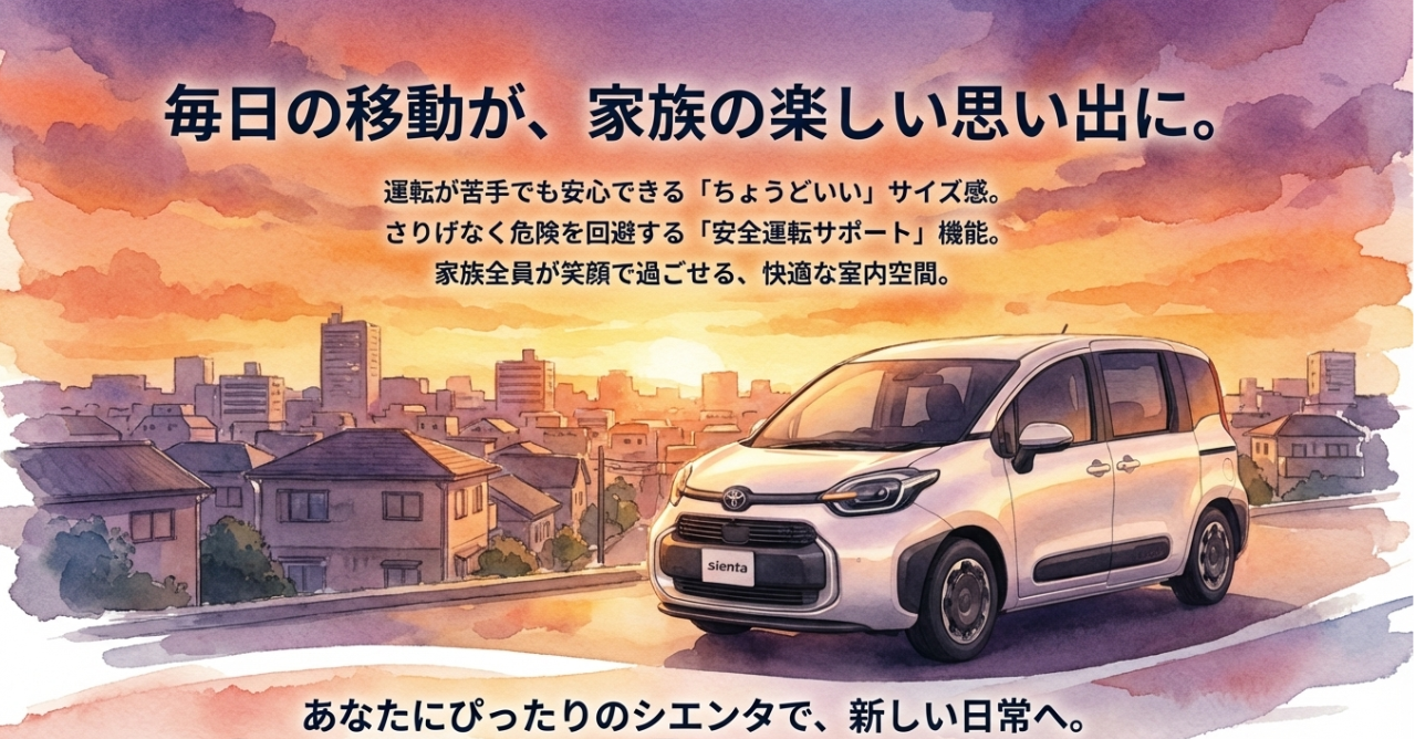 夕景の街並みを背景にしたシエンタのイメージ。運転しやすいサイズ感、安全運転サポート、家族が快適に過ごせる室内空間を総まとめしたスライド