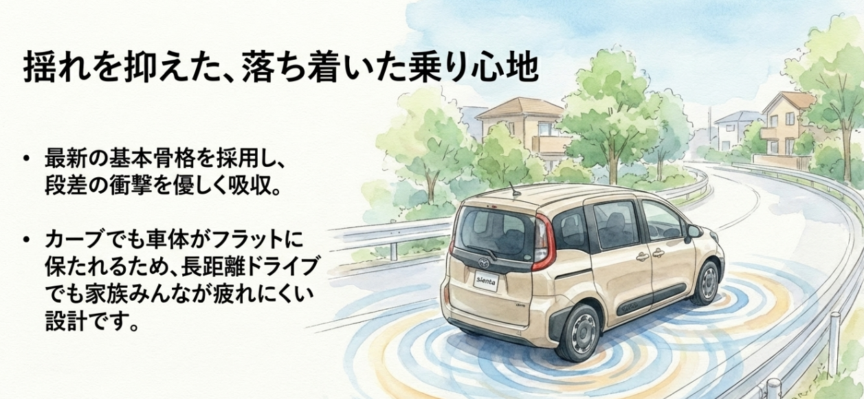 カーブを走るシエンタのイメージ。段差の衝撃をやさしく吸収し、揺れを抑えたフラットで落ち着いた乗り心地を訴求するスライド