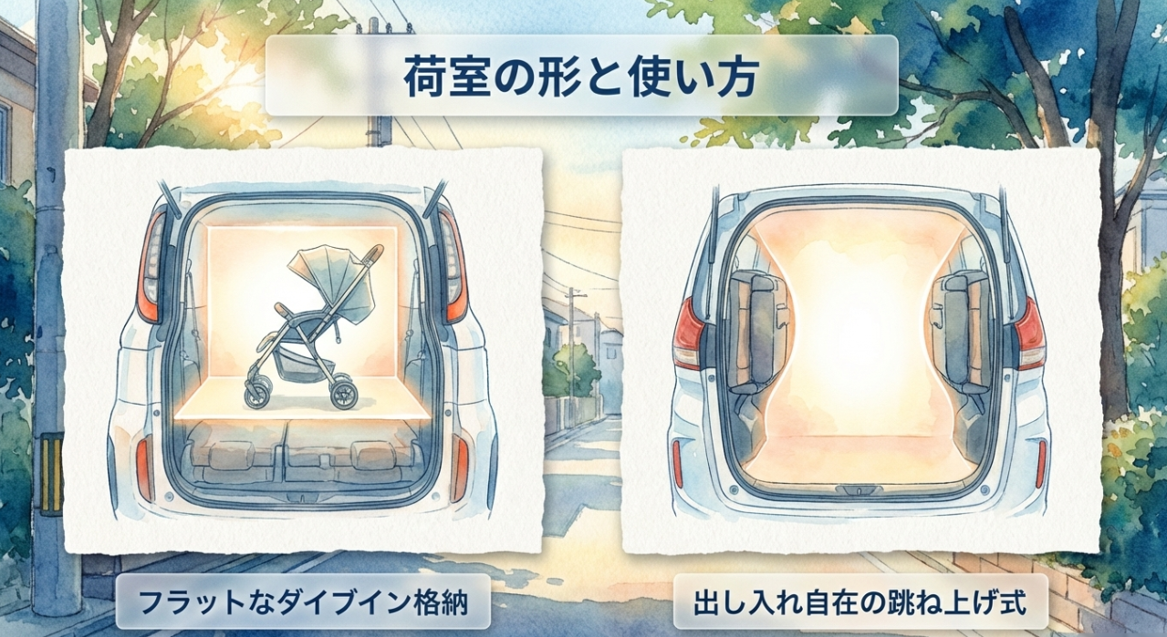 シエンタとフリードの荷室の違いを示すスライド。ベビーカーを積みやすいフラットな荷室と、3列目収納方式の違いを比較している