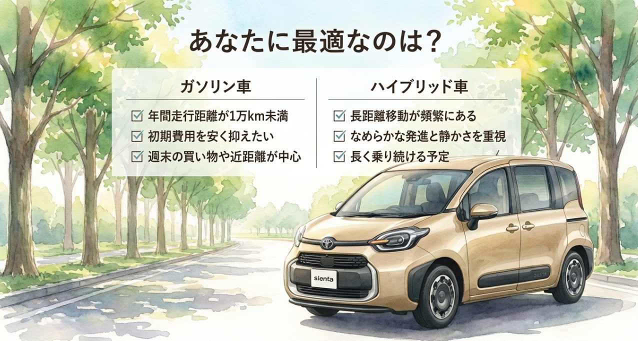 シエンタはガソリン車とハイブリッド車のどちらが向いているかを、利用者タイプ別に整理した比較スライド
