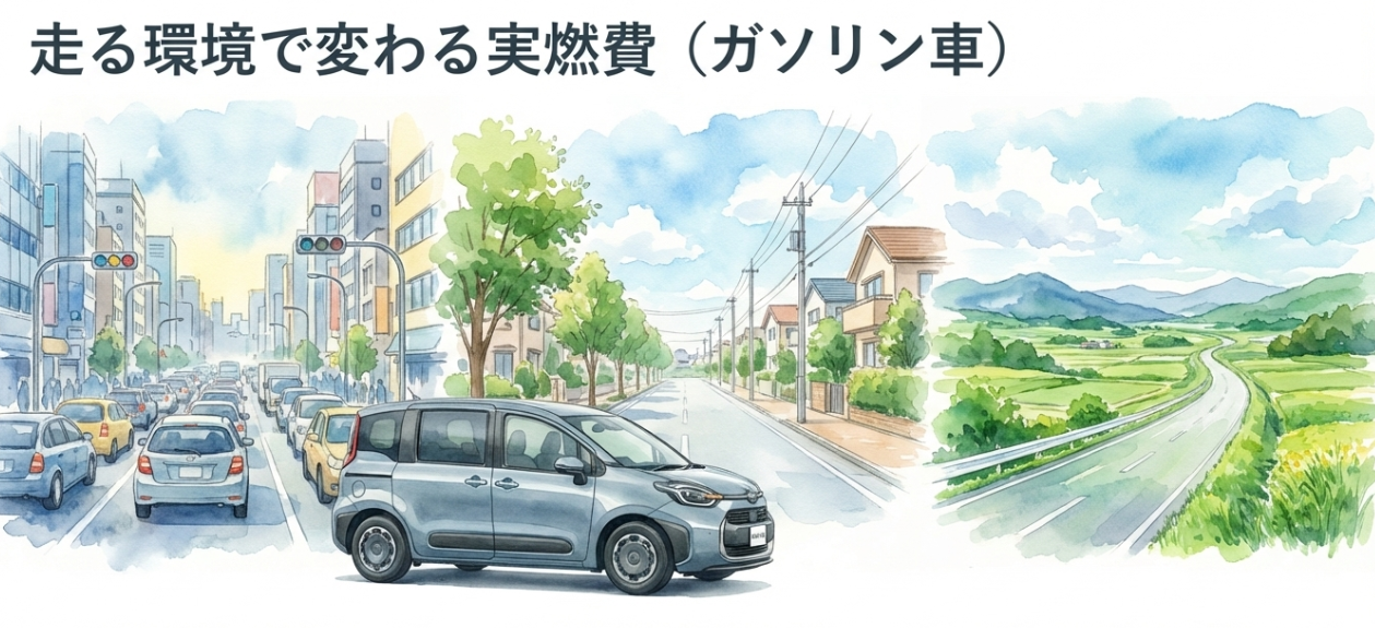 シエンタのガソリン車の実燃費目安を、渋滞路・市街地・郊外高速の走行環境別に示したスライド