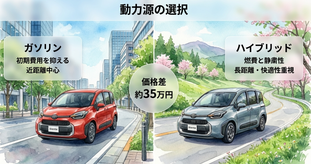 シエンタのガソリン車とハイブリッド車の違いを比較した図。初期費用重視か燃費と静粛性重視かを整理し、価格差約35万円を示している