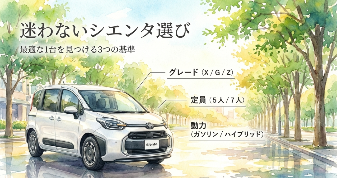 シエンタの選び方の全体像を示すイメージ。X・G・Zのグレード、5人乗り・7人乗り、ガソリン・ハイブリッドの3つの基準で比較する表紙スライド