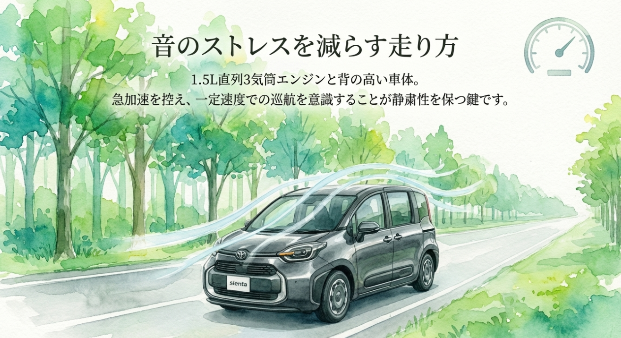 シエンタの高速走行時に騒音ストレスを減らす運転のコツを示すイメージ
