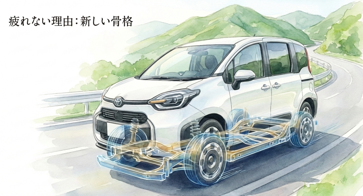 10系シエンタの新しい車体骨格と高速安定性の向上を示すイメージ