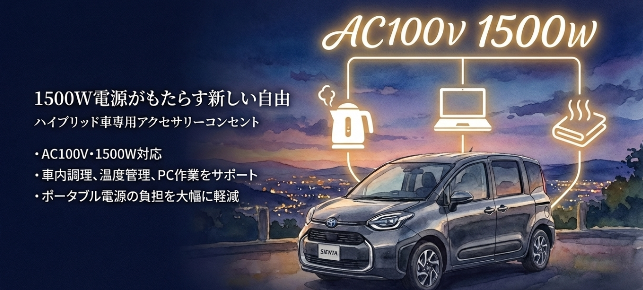 シエンタハイブリッド車のAC100V 1500W電源活用を解説するスライド。電気ケトル、ノートPC、加熱家電の利用イメージと、車中泊の快適性向上が表現されている