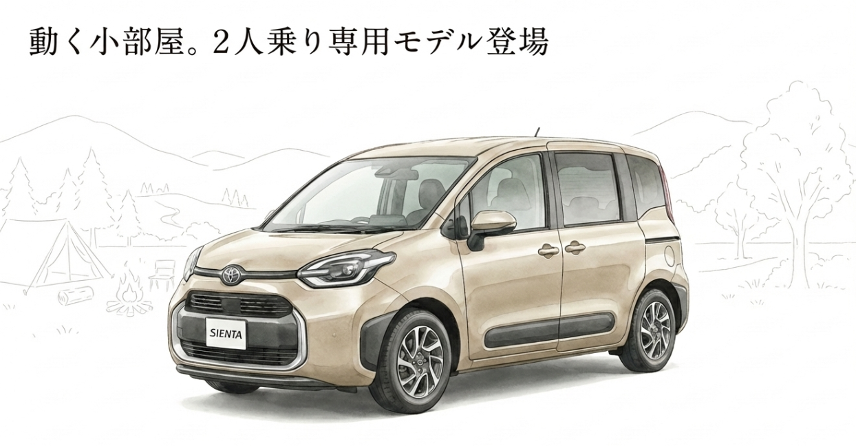 4ナンバー登録のシエンタJUNOを紹介するスライド。ベージュ系のシエンタのイラストと、アウトドアを連想させる背景線画を配置