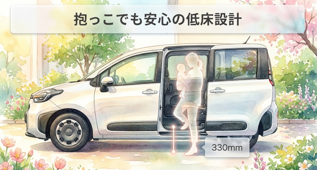 シエンタの低床設計を示すスライド。スライドドアを開けた車体横から、抱っこした子どもを乗せやすい330mmの低い乗り込み口を表現している