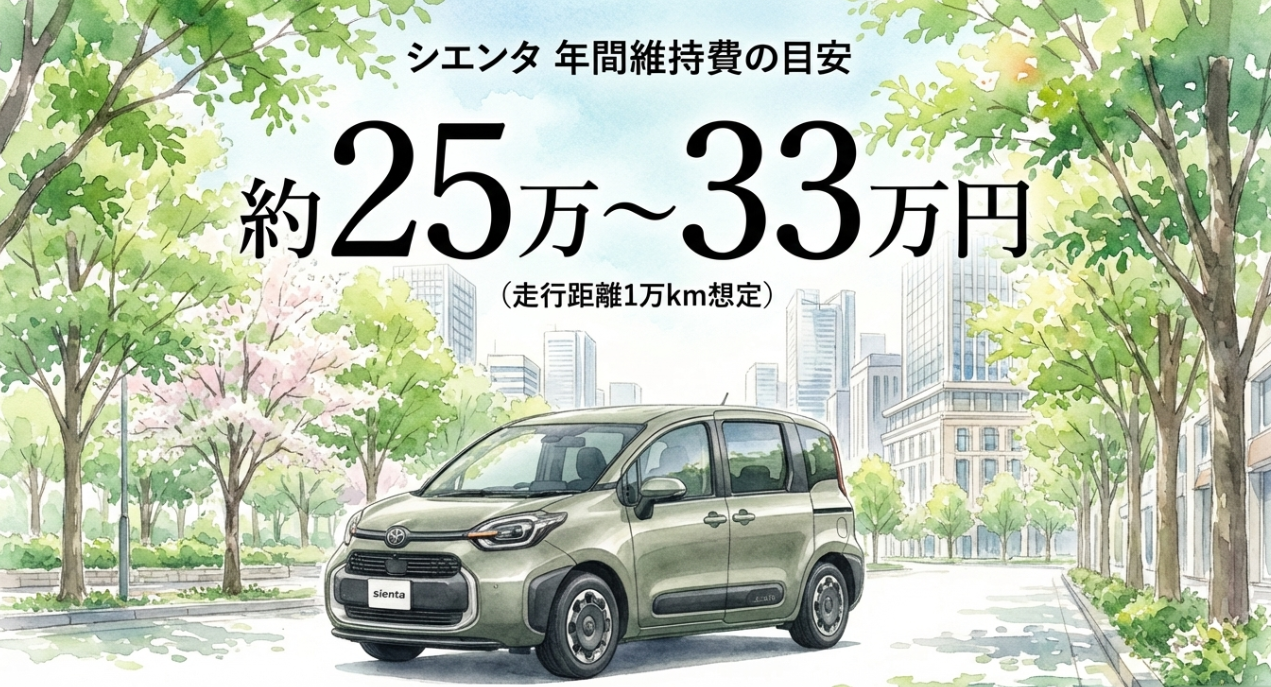 シエンタの年間維持費の目安は約25万〜33万円で、走行距離1万km想定の総コストを示したスライド
