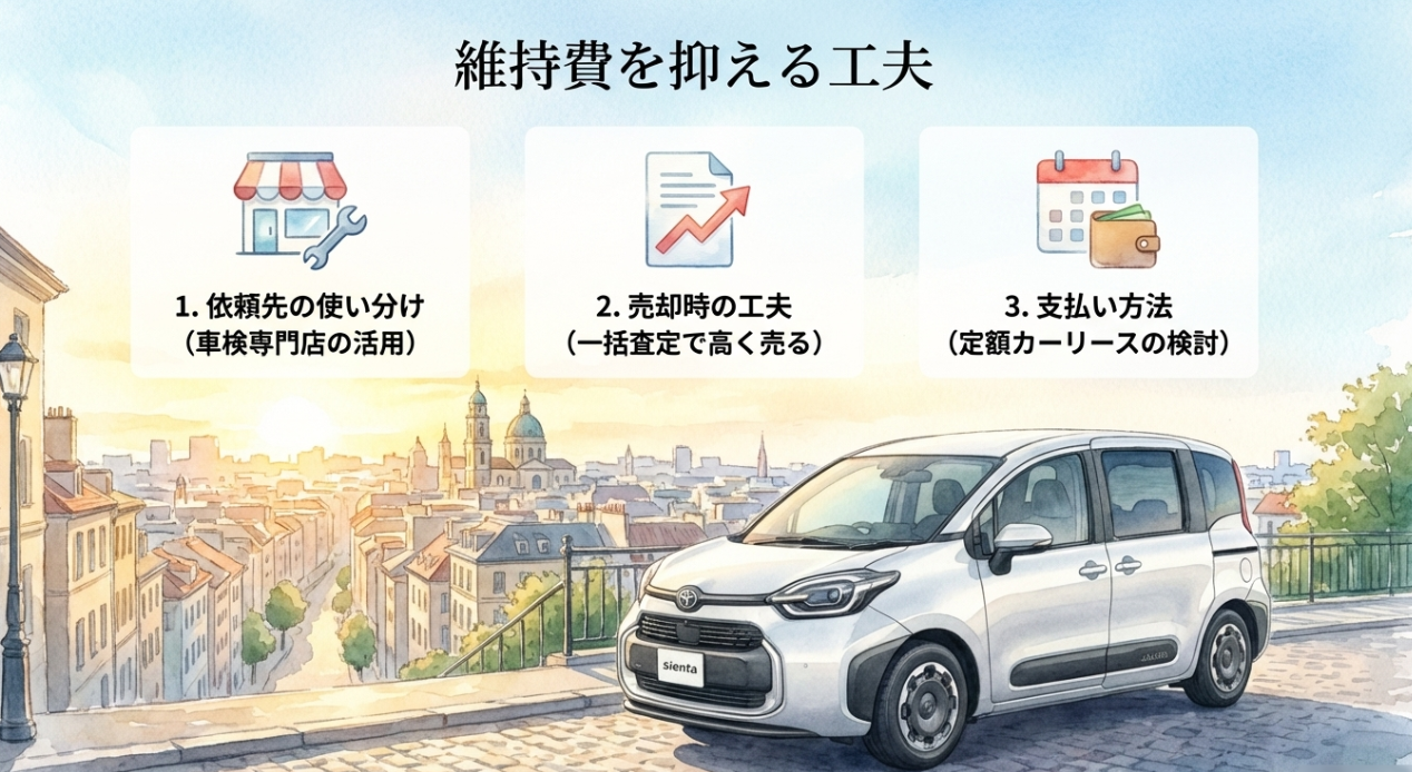シエンタの維持費を抑える方法として、整備依頼先の使い分け、売却時の工夫、カーリース活用を紹介するスライド