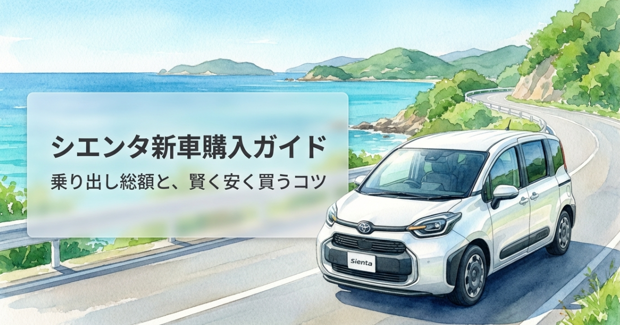 シエンタ新車購入ガイドの表紙スライド。乗り出し総額と賢く安く買うコツを紹介