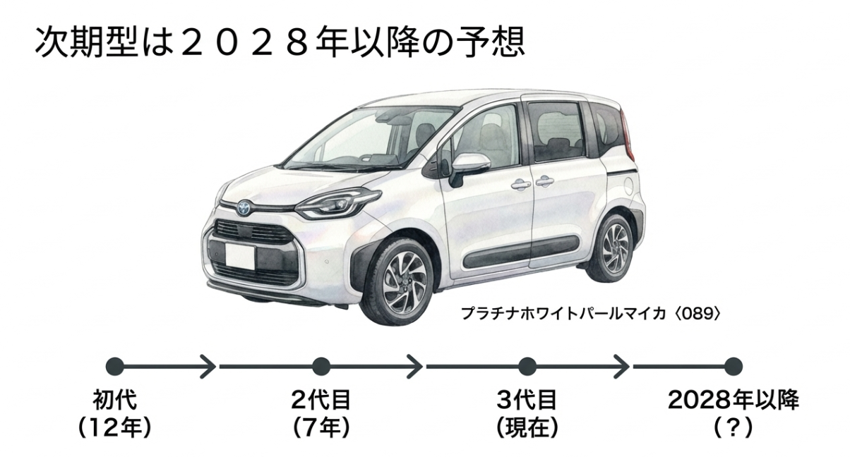 次期型シエンタは2028年以降と予想するスライド。初代12年、2代目7年、3代目現在という流れをタイムラインで示し、白いシエンタのイラストを掲載