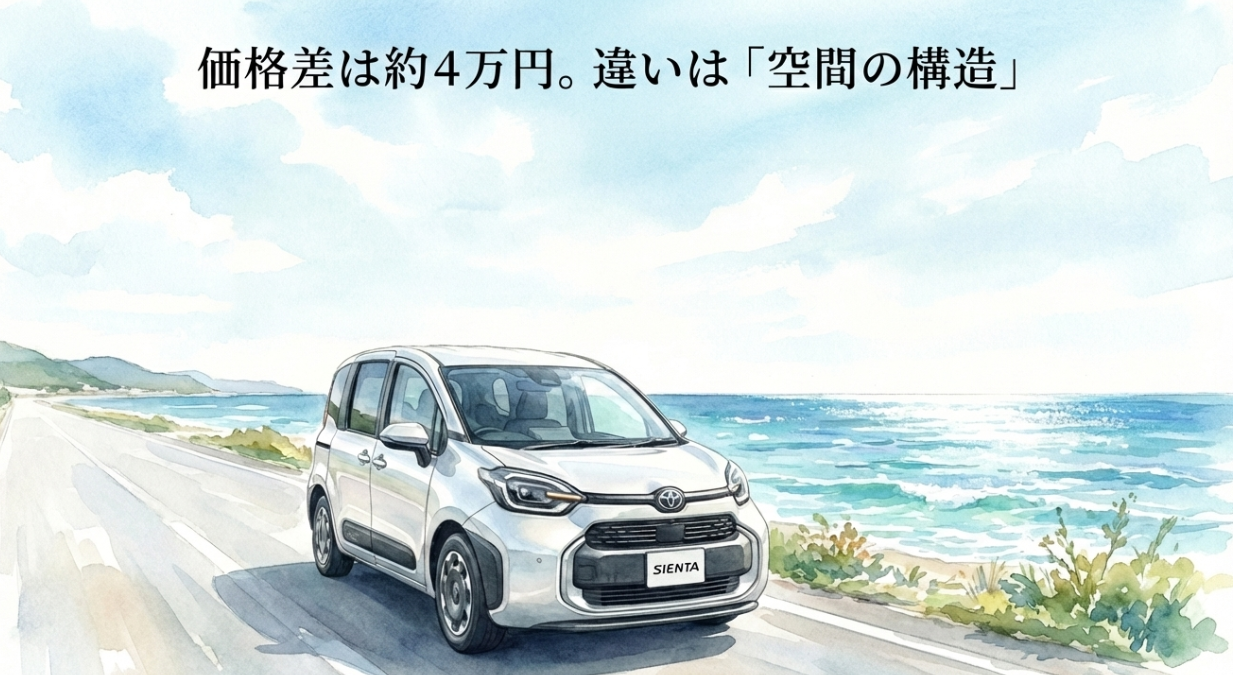 シエンタの5人乗りと7人乗りの価格差約4万円と空間構造の違いを示すイメージ