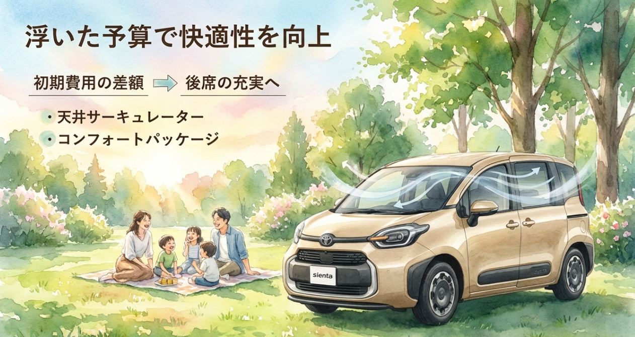 シエンタのガソリン車で浮いた予算を使い、天井サーキュレーターやコンフォートパッケージで後席快適性を高める提案スライド