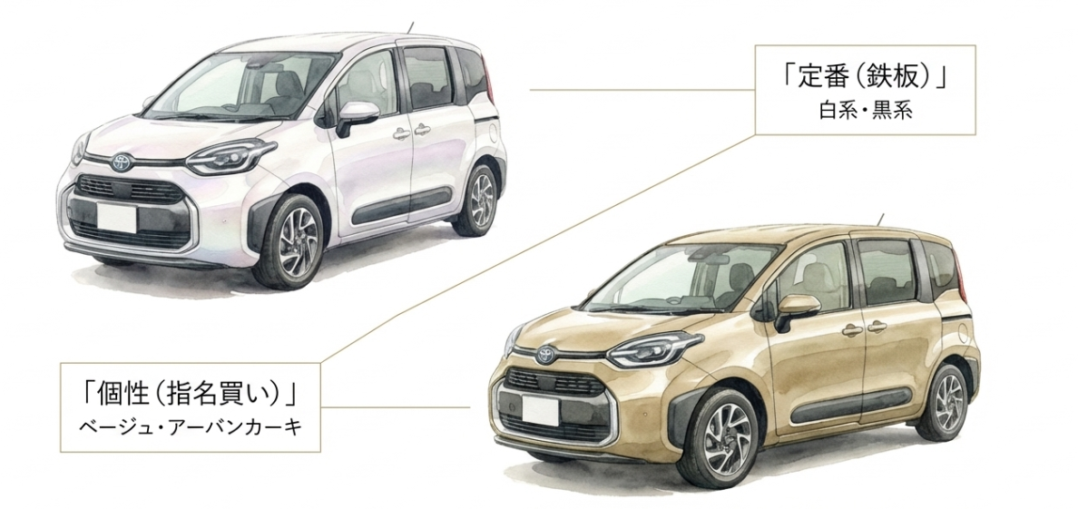 シエンタのリセールで有利になりやすい白系・黒系と個性派カラーを比較したスライド