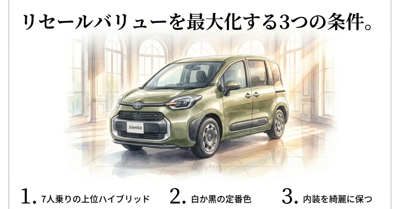 シエンタのリセールバリューを最大化する3つの条件をまとめたスライド