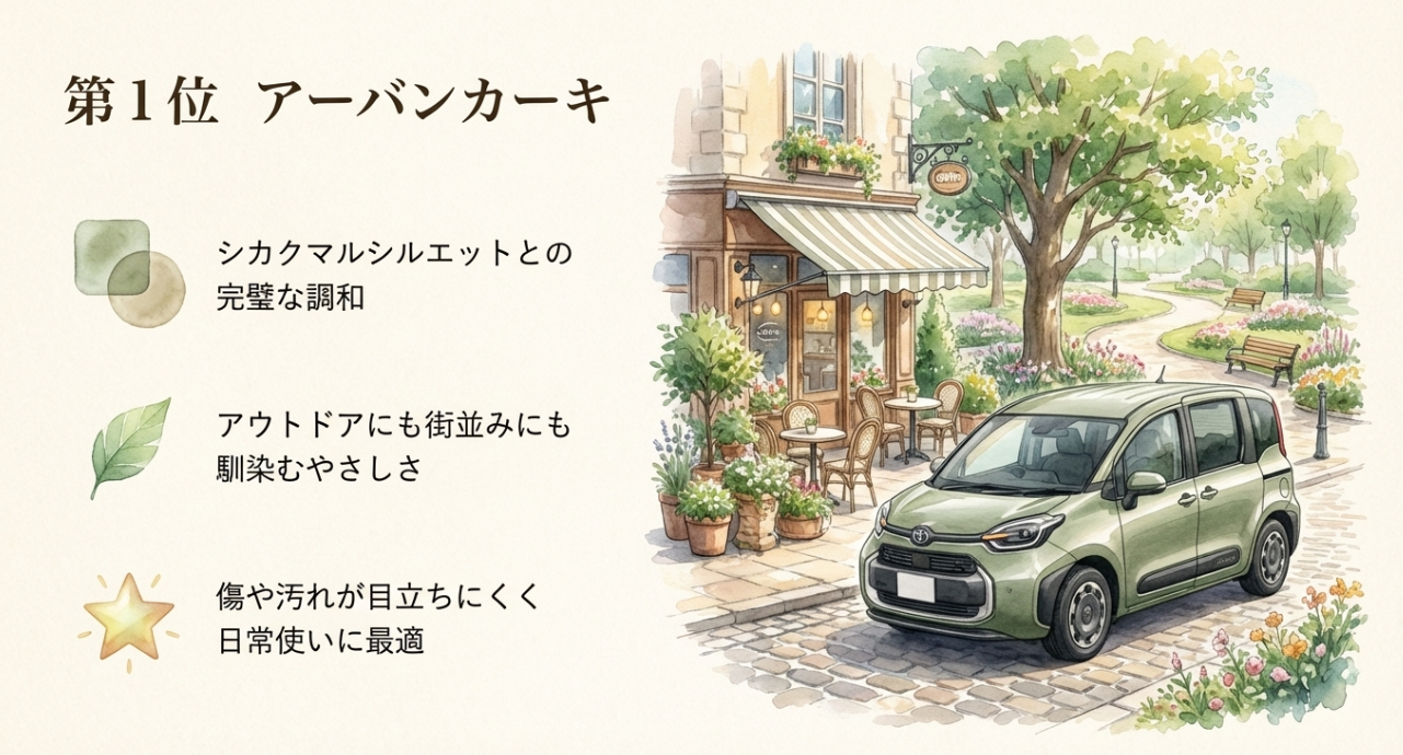 新型シエンタ人気色1位のアーバンカーキを紹介するスライド。シカクマルシルエットとの調和、街並みやアウトドアへのなじみやすさ、傷や汚れの目立ちにくさを訴求している