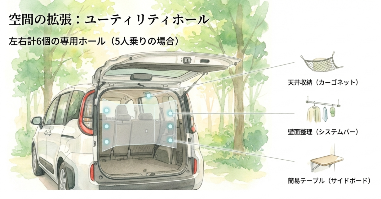 シエンタのユーティリティホール活用例を示すスライド。天井収納のカーゴネット、壁面整理用のシステムバー、簡易テーブルの設置イメージが描かれている
