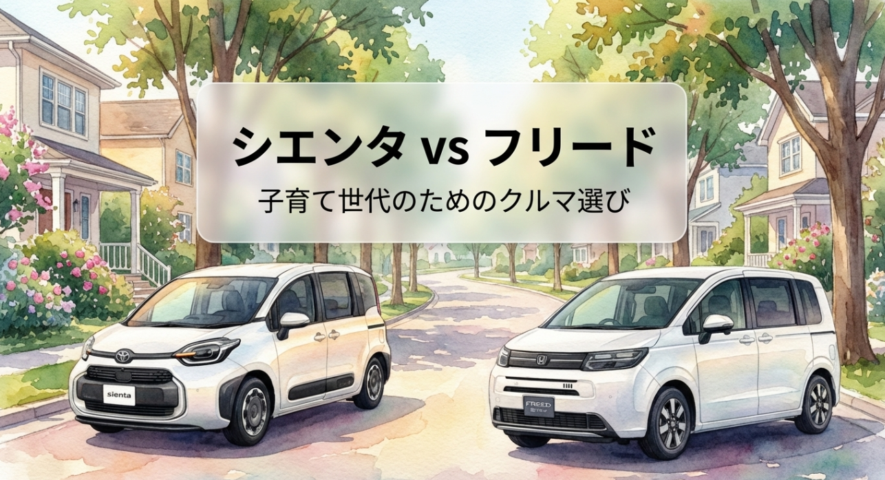 シエンタとフリードを子育て視点で比較する記事の表紙スライド。住宅街を背景に2台の車が並び、子育て世代のクルマ選びをテーマにしている